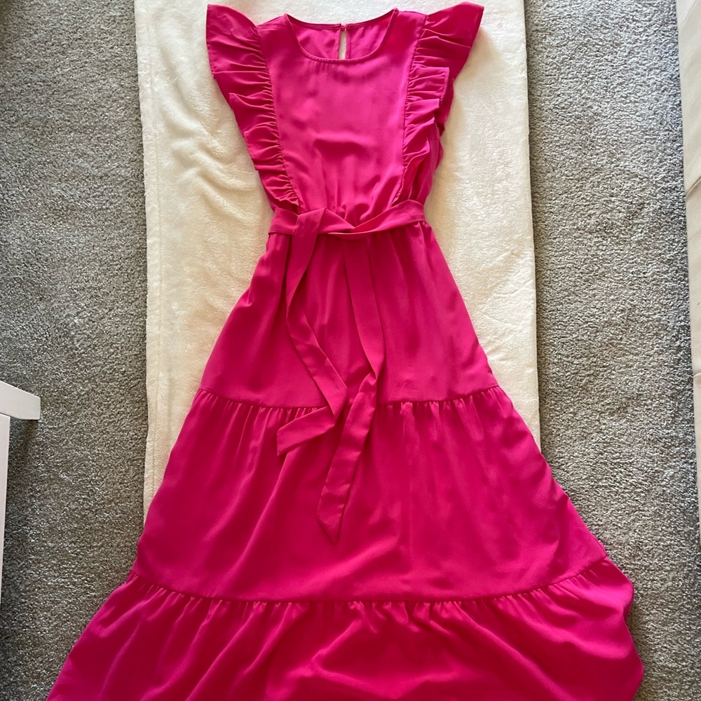 Long pink dress with tie around waist